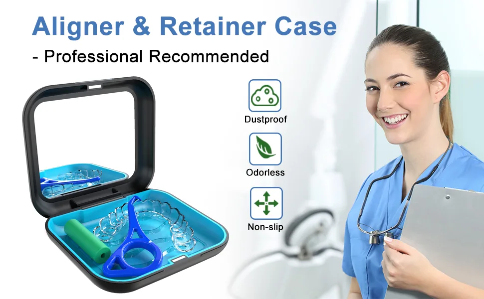 Aligner Case with Mirror and Aligner Removal Tool- Compatible with Invisalign Aligners and Mouth Guards Premium Retainer Case with Magnetic Closure and Textured Liner- Easy to Use (Black) - aligner case with mirror aligner case case for invisalign