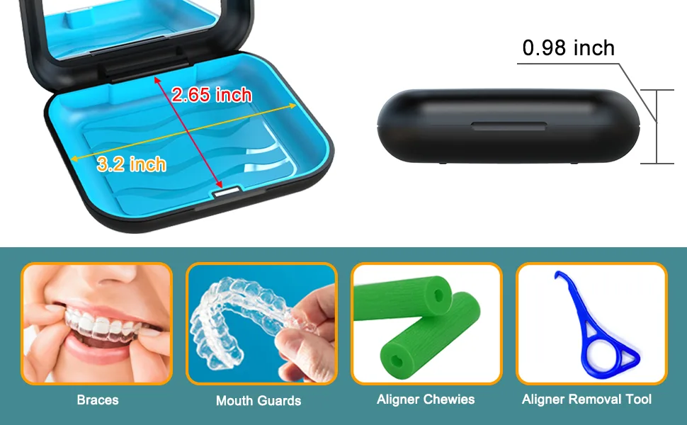 Aligner Case with Mirror and Aligner Removal Tool- Compatible with Invisalign Aligners and Mouth Guards Premium Retainer Case with Magnetic Closure and Textured Liner- Easy to Use (Black) - mouth guard case with lid hinge retainer case with mirror retainer case