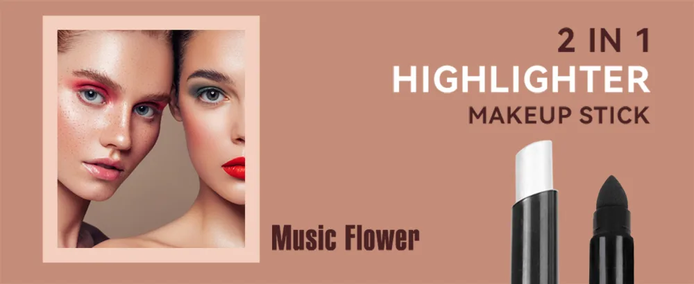 Music Flower Highlighter Stick Double Ended Highlighter Makeup Stick with Sponge Brush Shimmer Waterproof Long Lasting Smooth Silver Glitter Brighten Face Makeup Pencil 1 Count New - 2 in 1 Highlighter stick