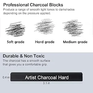 STAPENS 6 Pack Compressed Charcoal Sticks Vine Charcoal Stick for Drawing Sketching Shading Art Supplies Sketch Kits Tools Soft Medium and Hard Grade Black-6 - Compressed Charcoal Sticks