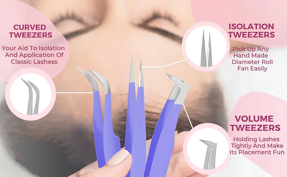 SIVOTE Lash Tweezers for Eyelash Extensions for Volume Isolation & Classic Lashes 3 Pack Purple - lash extension tweezers