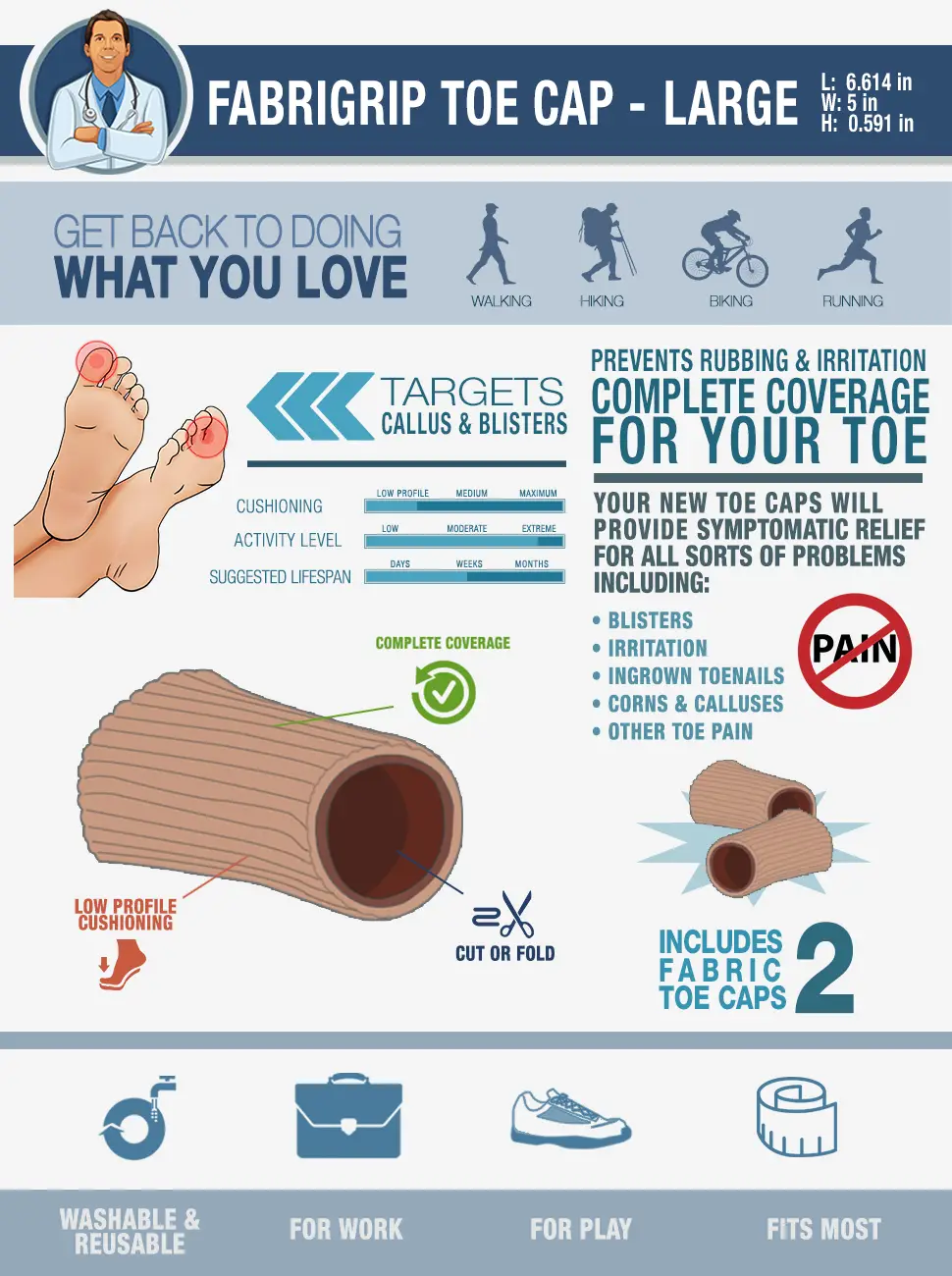 Dr. Frederick's Original Fabric Toe Caps - Toe Separators - 3 Pairs - Size Large Large (Pack of 6) - Dr. Frederick