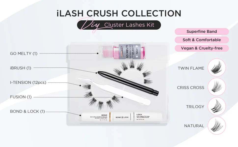 LASHVIEW DIY Eyelash Extension Kit 12 Clusters Volume Lashes Set with Applicator and Bond & Seal Eyelash Extension Remover Eye lifting 3D Effect C curl Lashes Pack 10mm-Criss Cross - product information 14