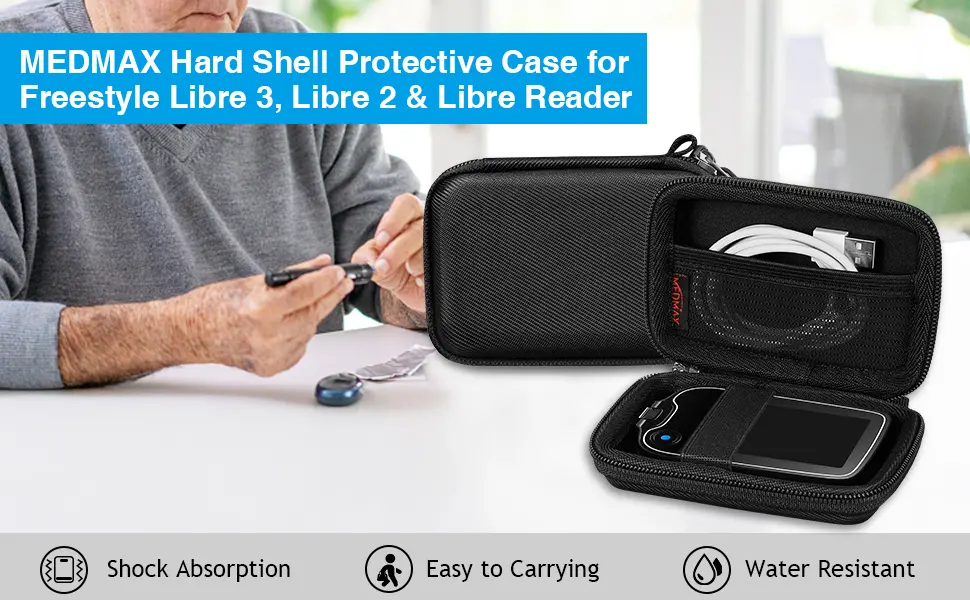 MEDMAX Hard Shell Protective Case for Freestyle Libre 3 2 / Libre Reader Lightweight Shockproof Diabetic Storage Carrying Case with Clip and Handle (Black) - case for freestyle libre 3 2 reader