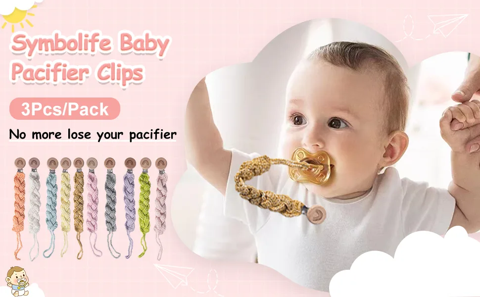 Symbolife Pacifier Clip Macrame Braided Baby Pacifier Clips Boho Handmade Pacifier Strap Wooden Paci Clip Toy Straps Neutral Pacifier Clips 3 Pack Mixed 3 - product information 34