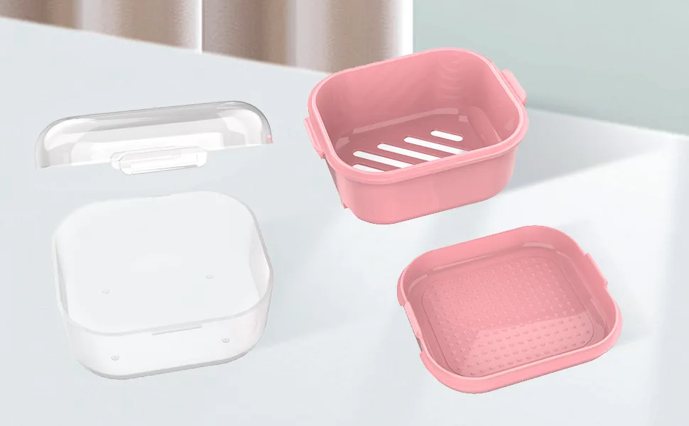 ARGOMAX Denture case Denture cup for Soaking Dentures Thorough Cleaning of Dentures Retainer Clear Braces (Dark Pink) Clear Case + Pink Filter and Tray - denture cups for soaking dentures
