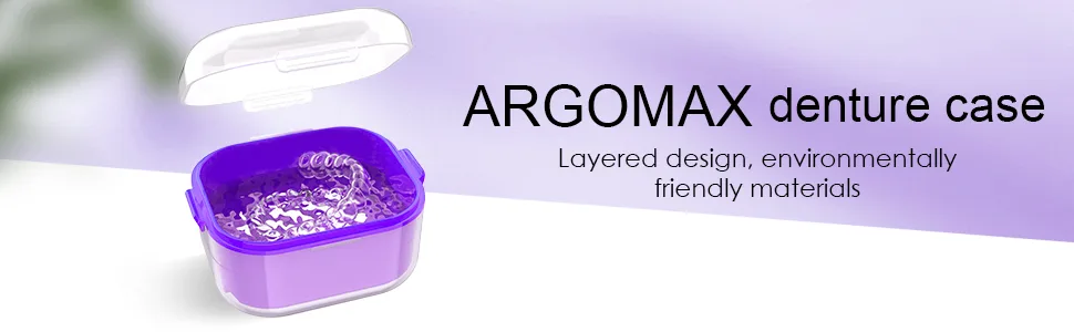 ARGOMAX Denture case Denture cup for Soaking Dentures Thorough Cleaning of Dentures Retainer Clear Braces (Dark Purple) Clear Case + Purple Filter and Tray - Denture Bath Box Cup