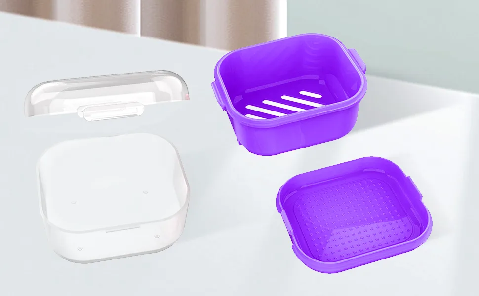 ARGOMAX Denture case Denture cup for Soaking Dentures Thorough Cleaning of Dentures Retainer Clear Braces (Dark Purple) Clear Case + Purple Filter and Tray - retainer cleaning case