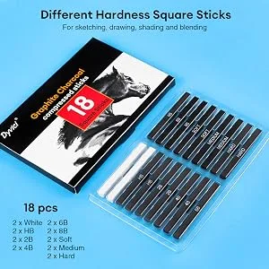 Dyvicl Compressed Graphite Charcoal Sticks Square Black White Charcoal for Sketching Drawing Shading Blending Pack of 18 - compressed graphite charcoal sticks