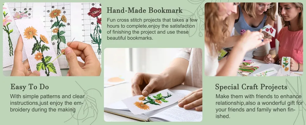 Caydo 3 Pieces Cross Stitch Bookmark Kits DIY Stamped Embroidery Bookmark Kit for Beginner Flower Patterns 14 Count Crossstitch Projects for Book Lovers - Beginner cross stitch kit