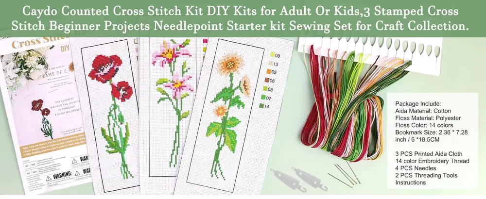 Caydo 3 Pieces Cross Stitch Bookmark Kits DIY Stamped Embroidery Bookmark Kit for Beginner Flower Patterns 14 Count Crossstitch Projects for Book Lovers - Counted Cross Stitch Kit