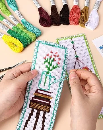 Caydo 3 Pieces Cross Stitch Bookmark Kits DIY Stamped Embroidery Bookmark Kit for Beginner Flower Patterns 14 Count Crossstitch Projects for Book Lovers - Counted Cross Stitch Kit