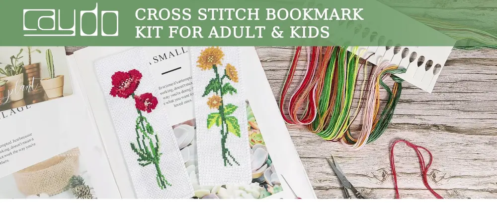Caydo 3 Pieces Cross Stitch Bookmark Kits DIY Stamped Embroidery Bookmark Kit for Beginner Flower Patterns 14 Count Crossstitch Projects for Book Lovers - Crossstitch Bookmarks