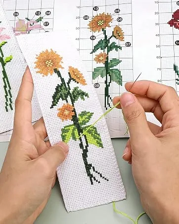 Caydo 3 Pieces Cross Stitch Bookmark Kits DIY Stamped Embroidery Bookmark Kit for Beginner Flower Patterns 14 Count Crossstitch Projects for Book Lovers - Crossstitch Bookmarks