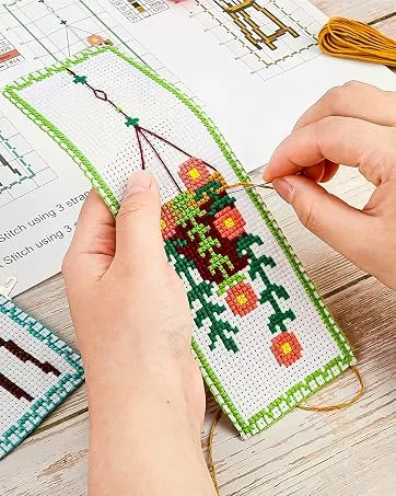 Caydo 3 Pieces Cross Stitch Bookmark Kits DIY Stamped Embroidery Bookmark Kit for Beginner Flower Patterns 14 Count Crossstitch Projects for Book Lovers - Crossstitch Bookmarks