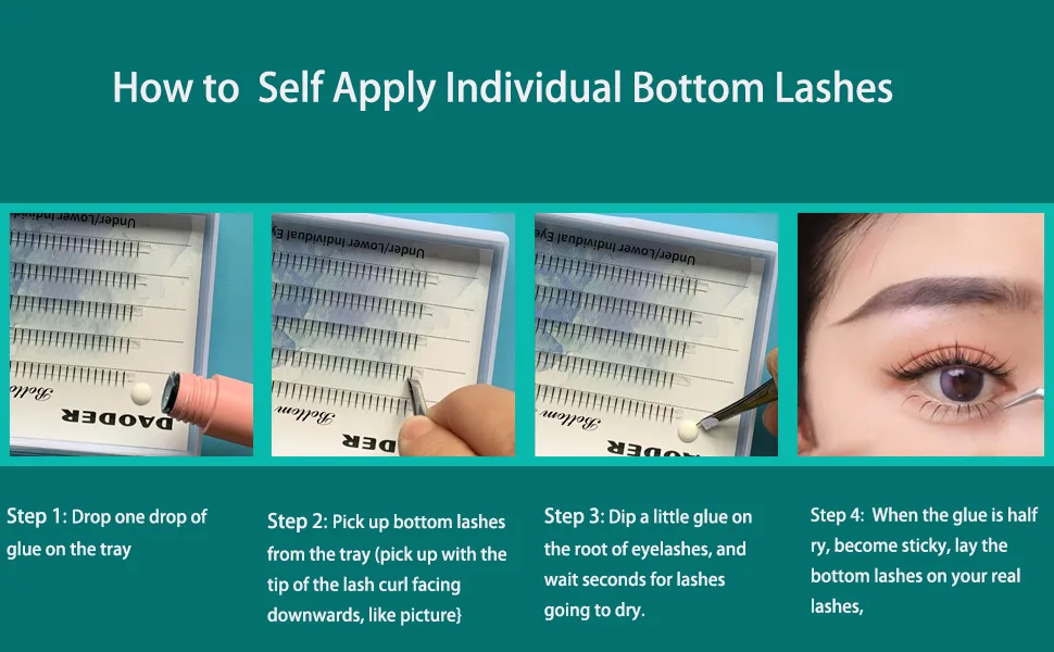 DAODER Bottom Lashes Individual Lower Lash Extensions Kit 6mm Under Eye Lashes Pack with Lash Glue and Applicator for DIY Eyelash Extension 200pcspcs (Fairy Bottom Lashes) - how to apply bottom lashes extension