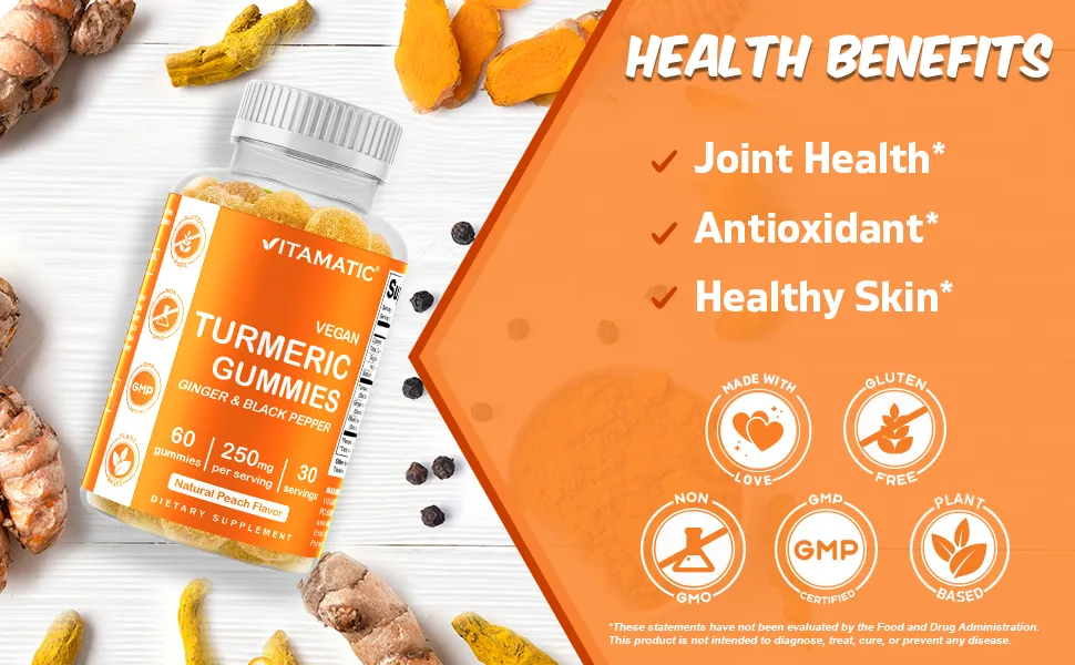 Vitamatic 2 Pack Turmeric Gummies with Ginger & Black Pepper Extract - 95% Curcuminoids - 60 Vegan Gummies - Turmeric Gummies