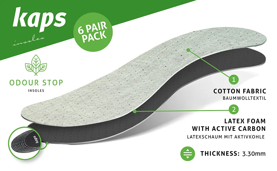 6 Pair Pack Anti Odour Shoe Insoles Set with Odor Eating Charcoal | Shoe Inserts | Kaps Odour Stop - main