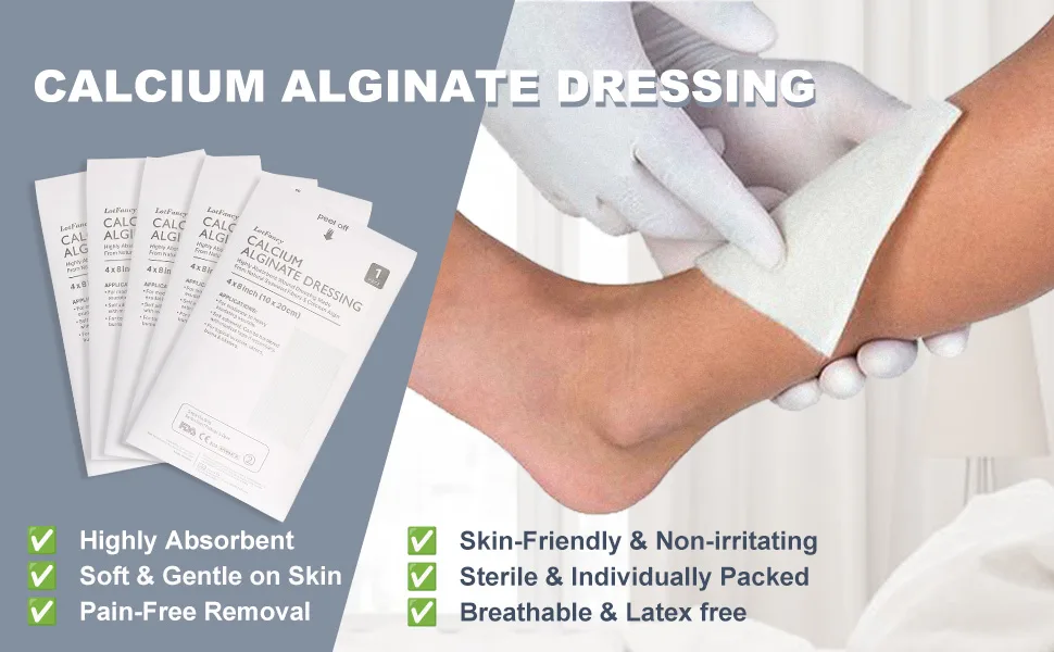 LotFancy Calcium Alginate Wound Dressing 4 x8 Patches 10 Count Non-Stick Padding Highly Absorbent Wound Dressings Pads for Emergency Care Fast Healing - Calcium Alginate Wound Dressing