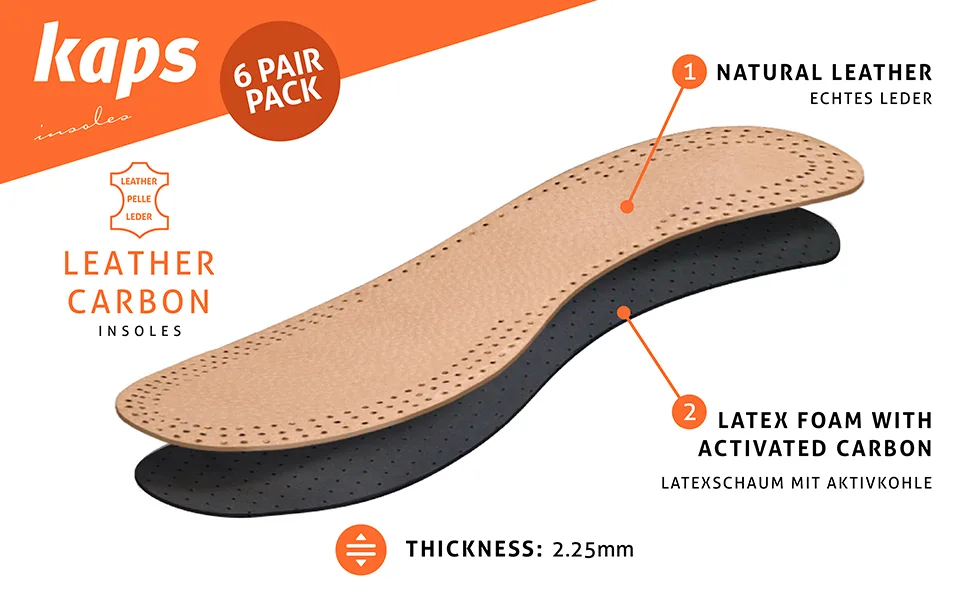 Leather Carbon Set 6 Pair Pack Leather Shoe Insoles for Men and Women with Activated Carbon Underlayer | Replacement Inserts | Kaps (37 EUR / 6 US Women) - hero