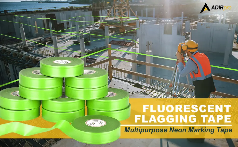 AdirPro 12 Pack Fluorescent Flagging Tape - Multipurpose Neon Marking Tape - Great Visual Labeling & Tagging for Home & Workplace Use (Fluorescent Lime 150 feet) Fluorescent Lime 150 feet - location tape hunters tape marker tape orange caution tape tree marking ribbon survey ribbon