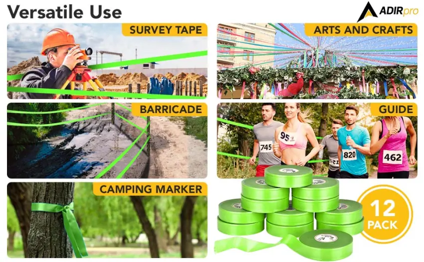 AdirPro 12 Pack Fluorescent Flagging Tape - Multipurpose Neon Marking Tape - Great Visual Labeling & Tagging for Home & Workplace Use (Fluorescent Lime 150 feet) Fluorescent Lime 150 feet - survey ribbon marking ribbon outdoor hunting reflective trail markers flourscent tape assorted color