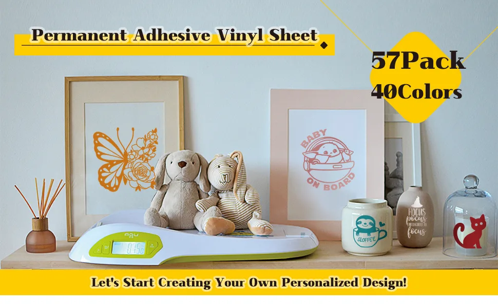 HTVRONT Permanent Vinyl for Cricut Machine-57 Pack 12 x 12 Permanent Vinyl Bundle 52 Adhesive Vinyl Sheets & 5 Transfer Tape for Vinyl Permanent Multicolored - 57 permanent vinyl sheets