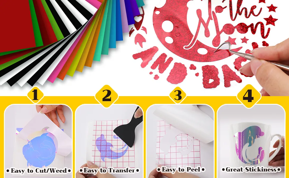 HTVRONT Permanent Vinyl for Cricut Machine-57 Pack 12 x 12 Permanent Vinyl Bundle 52 Adhesive Vinyl Sheets & 5 Transfer Tape for Vinyl Permanent Multicolored - 57 permanent vinyl sheets