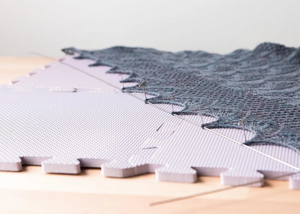 Knit Picks Blocking Mats for Knitting and Crochet Pack of 9 Textured Blocking Boards Regular - Knit Picks blocking mats, wires and pins used to block a knit shawl