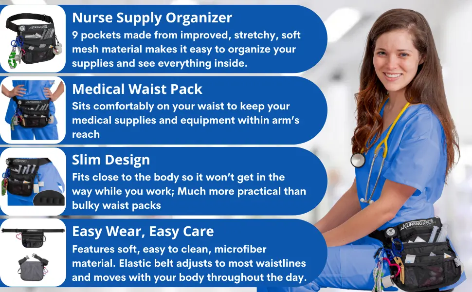 Kangapak Nurse Fanny Pack Multi Compartment Waist Organizer Tool Bag for Students Practitioners & Medical Professionals Ocean Blue - bullets