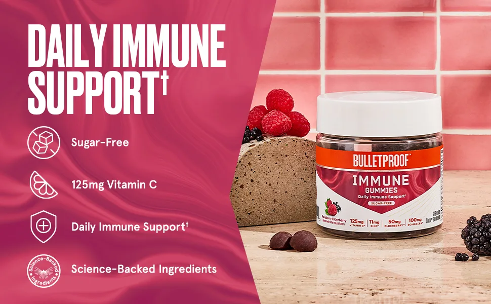 Bulletproof Sugar-Free Raspberry Elderberry Immune Gummies 60 Count Keto Supplement for Immune Support and Wellness - Immune gummies are sugar-free with 125mg of Vitamin C