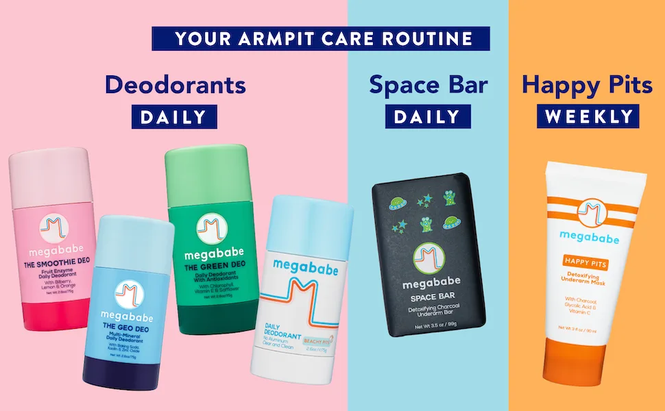 Megababe Daily Deodorant - Beachy Pits | Aluminum-Free Clear & Clean | 2.6 oz - 2 Pack - Your armpit routine featuring deodorants, space bar and happy pits.