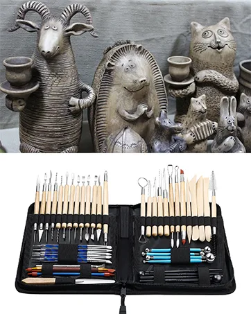 ISSEVE Pottery Clay Sculpting Tools 43Pcs Double Sided Ceramic Clay Carving Tool Set with Carrying Case Bag for Beginners Professionals School Student Pottery Modeling Smoothing Brown Bag - Sculpting Tools