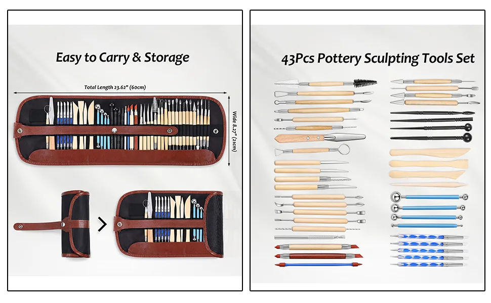 ISSEVE Pottery Clay Sculpting Tools 43Pcs Double Sided Ceramic Clay Carving Tool Set with Carrying Case Bag for Beginners Professionals School Student Pottery Modeling Smoothing Brown Bag - sculpting tools