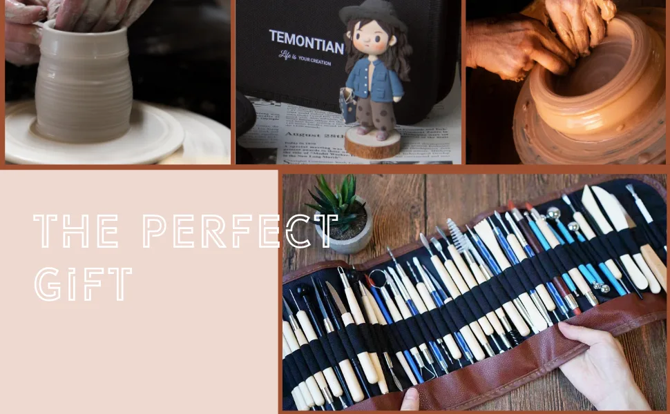 TEMONTIAN Pottery Clay Sculpting Tools 44Pcs Double Sided Polymer Clay Tools Ceramic Clay Carving Tool Set with Carrying Case Bag for Beginners Pottery Tools and Supplies for Professionals Kit RED - Pottery Tool Set
