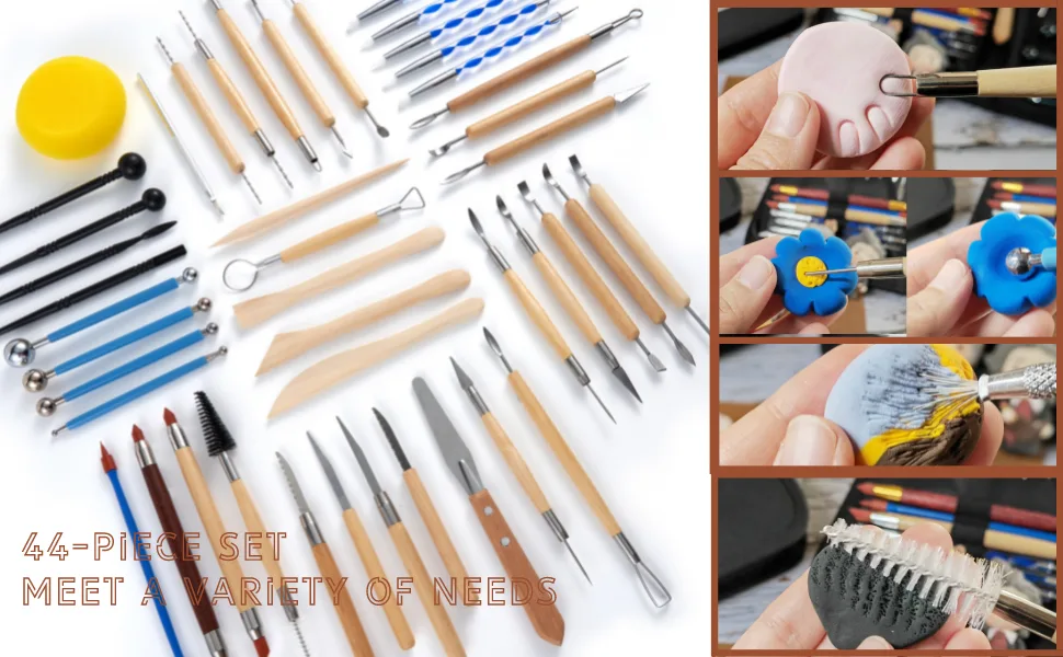 TEMONTIAN Pottery Clay Sculpting Tools 44Pcs Double Sided Polymer Clay Tools Ceramic Clay Carving Tool Set with Carrying Case Bag for Beginners Pottery Tools and Supplies for Professionals Kit RED - pottery tools