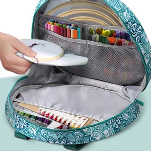 FINPAC Embroidery Project Bag Embroidery Supplies Storage Carrying Tote Case with Multiple Pockets for Embroidery Floss Embroidery Hoops Thread Stitch Tools Kit Bag Only - Emerald Illusions - embroidery hoop