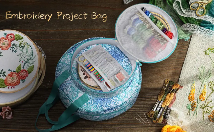 FINPAC Embroidery Project Bag Embroidery Supplies Storage Carrying Tote Case with Multiple Pockets for Embroidery Floss Embroidery Hoops Thread Stitch Tools Kit Bag Only - Emerald Illusions - embroidery project bag