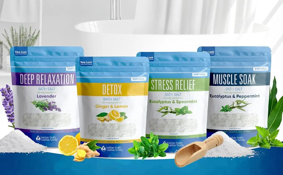 Bath Salts Sampler (4-Pack of 2-lbs) Variety Bath Soaks with Bamboo Scoop 4 Pack Sampler (No Box) - 4-pack bath salts sampler scoop