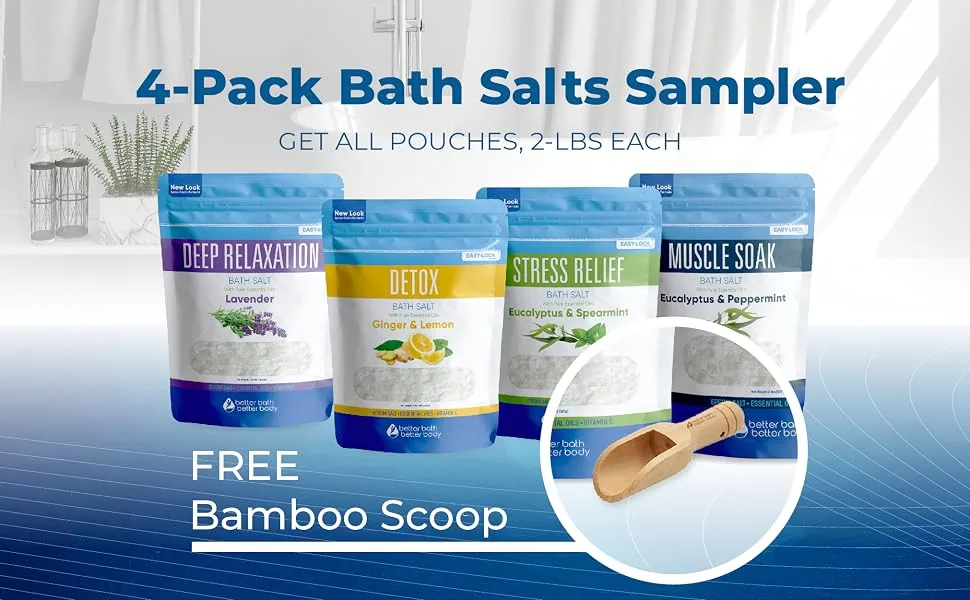 Bath Salts Sampler (4-Pack of 2-lbs) Variety Bath Soaks with Bamboo Scoop 4 Pack Sampler (No Box) - bath salts sampler