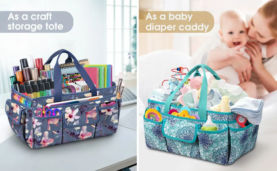FINPAC Large Craft Storage Tote Bag with Multiple Pockets Scrapbooking Carrying Case Storage Caddy with Handle for Sewing Art Desktop Baby Care Supplies (Emerald Illusions) *Emerald Illusions - craft storage caddy