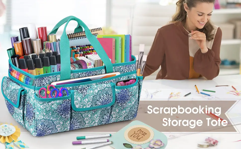FINPAC Large Craft Storage Tote Bag with Multiple Pockets Scrapbooking Carrying Case Storage Caddy with Handle for Sewing Art Desktop Baby Care Supplies (Emerald Illusions) *Emerald Illusions - craft storage tote