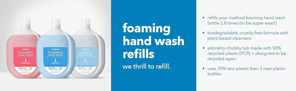 Method Foaming Hand Soap Refill Waterfall Recyclable Bottle Biodegradable Formula 28 fl oz (Pack of 4) Waterfall 28 Fl Oz (Pack of 4) - hand wash, foaming hand wash, hand wash refill