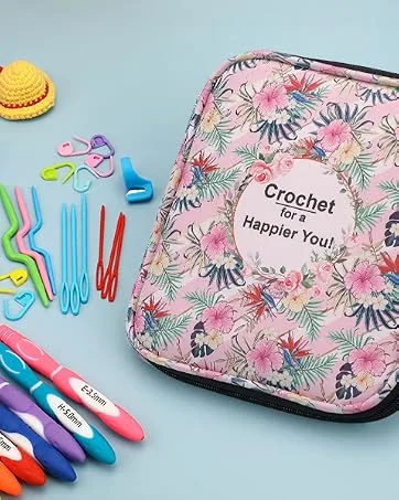 LOOEN 37pcs Aluminum Circular Knitting Needles Set with Ergonomic Handles 13 Size Interchangeable Crochet Needles with Storage Case for Small Project (Style 1) Rose Red - Crochet Hooks Set