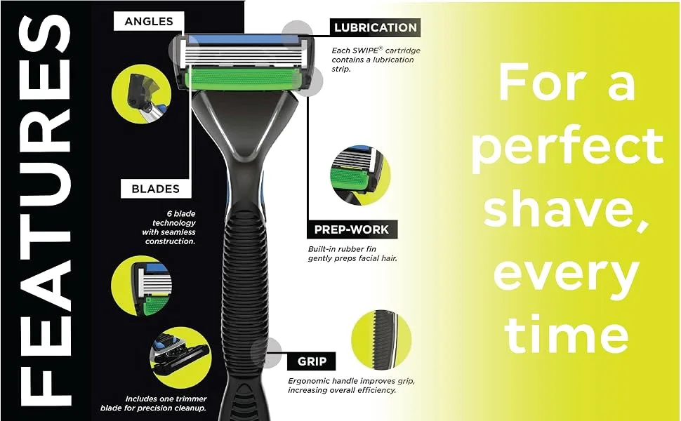 SWIPE Premium Men's 6-Blade Razor Kit (Flex Head Handle + 24 Refills) 24-Pack (with Handle) - Features