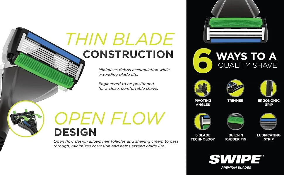 SWIPE Premium Men's 6-Blade Razor Kit (Flex Head Handle + 24 Refills) 24-Pack (with Handle) - SWIPE Thin Blade Open Flow