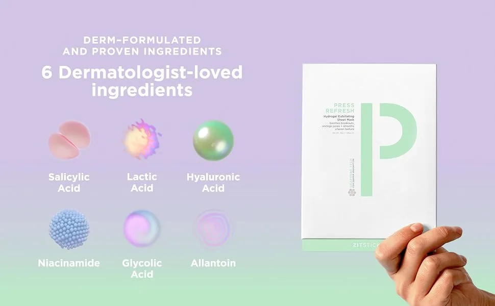 ZitSticka Press Refresh Exfoliating and Hydrating Sheet Mask to Soothe Acne-Prone Skin (5 Pack) - dermatologist niacinamide pimples zit acne facial face sheet mask skincare zitsticka breakouts oily