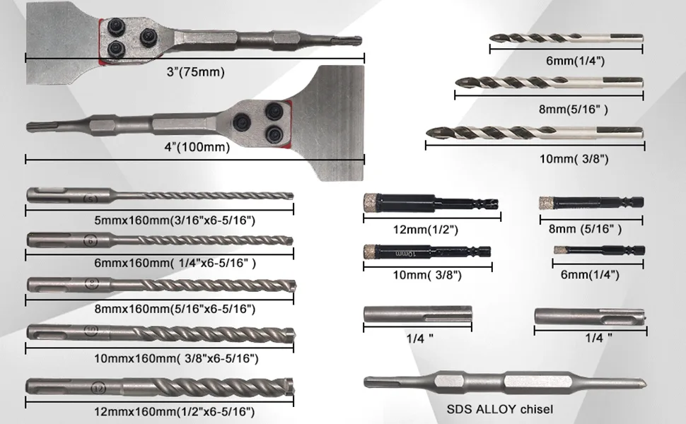 DEHUIWI 17Pcs SDS Plus Rotary Hammer Drill Bits Masonry Chisels Set Floor Scraper Triangular Drill Bits Alloy Chisel Shovel Knife Adapter with Strong Case New17pcs - product information 9