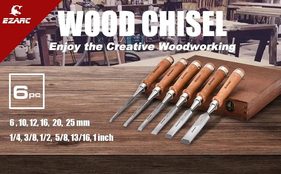 EZARC 6 Pieces Wood Chisel Tool Sets Woodworking Carving Chisel Kit with Premium Wooden Case for Carpenter Craftsman Gift for Men - mortise bench chisel wood chisels sharp edge woodworking