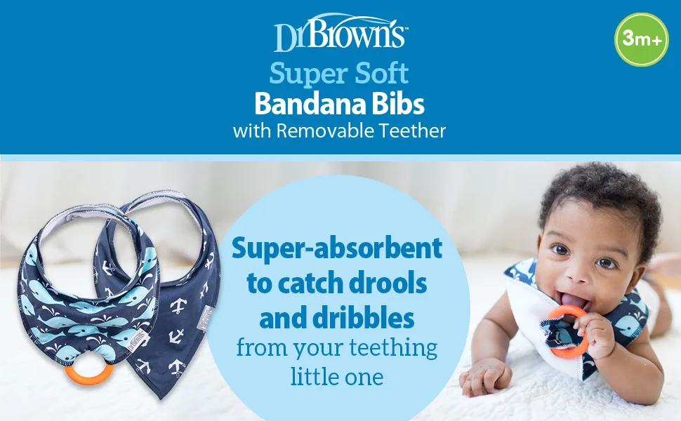 Dr. Brown s Bandana Bib with Snap-On Removable Teether Cotton Baby Bib with Soft Fleece Lining for Teething & Drooling 3m+ 2-Pack Navy Whales & Anchors - Dr. Brown